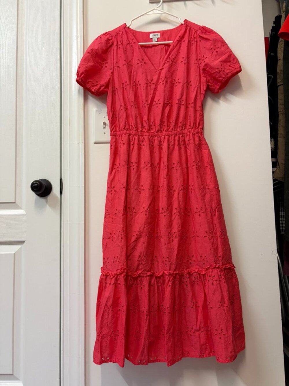 J Crew Factory Eyelet Puff Sleeve Midi Dress (Guava coral)